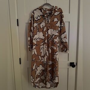 Anthropologie Tan and White Floral Midi Dress